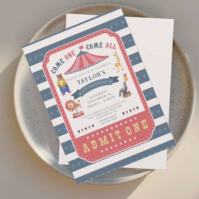 Invitation Festival du cirque Carnaval 1er anniversaire (1st Birthday Circus Carnival Party Invitation)