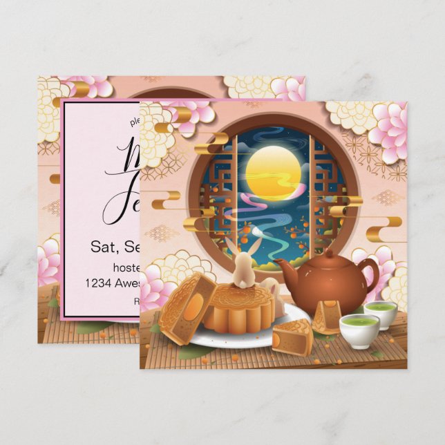 Invitation Festival du milieu de l'automne Rabbit, Mooncake,  (Devant / Derrière)