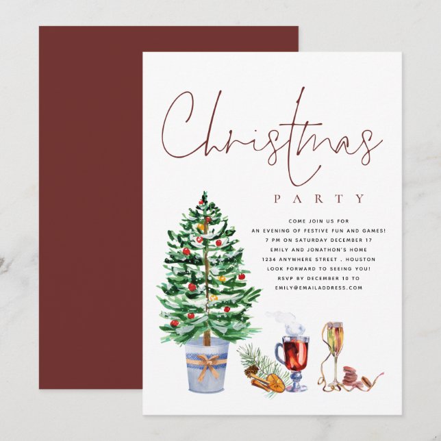 Invitation Festive Arbre Boissons Script Noël fête (Devant / Derrière)