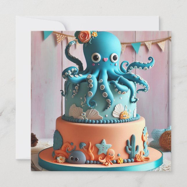 INVITATION FESTIVE BLUE OCTOPUS THEMED BIRTHDAE GÂTEAU D'ANNI (Devant)