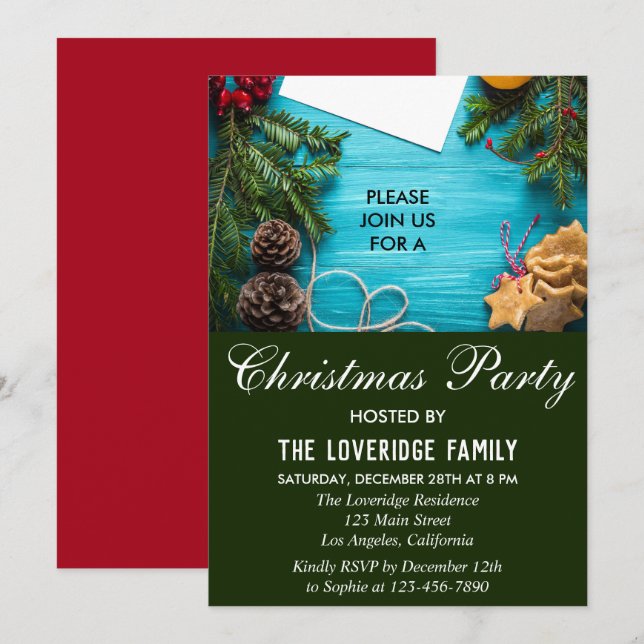Invitation Festive Fête de Noël du Pays Rouge, Bleu et Vert (Devant / Derrière)