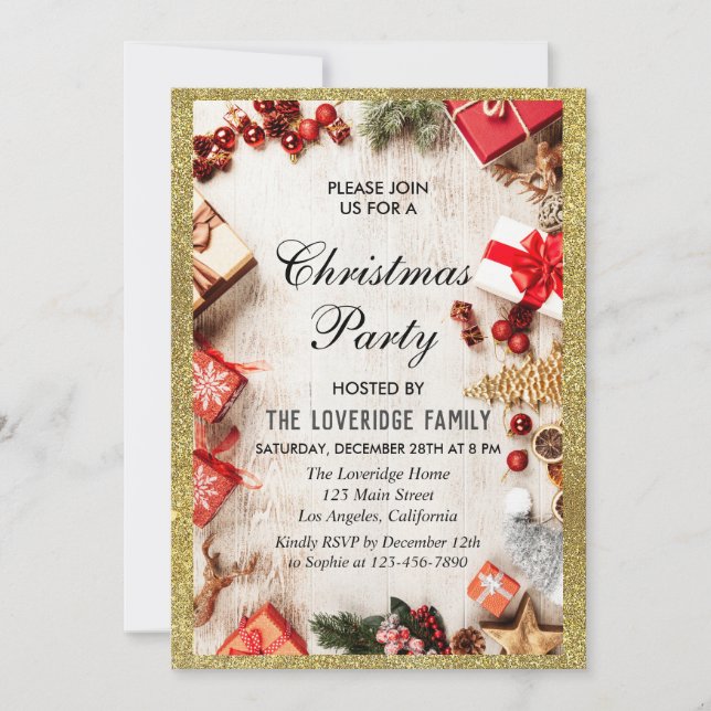 Invitation Festive Fête de Noël Parties scintillant d'or blan (Devant)