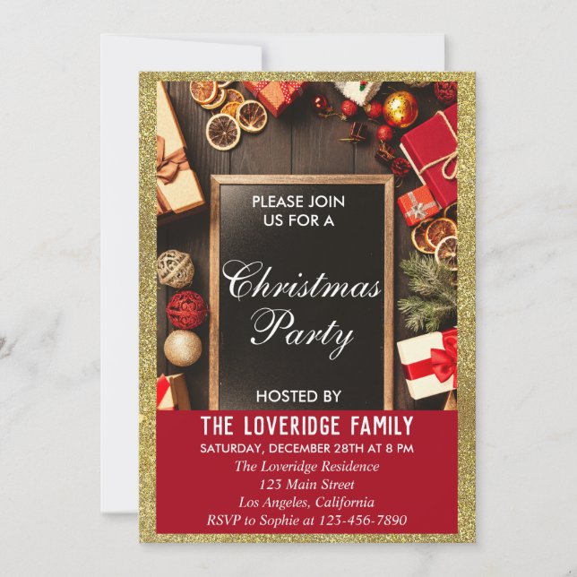Invitation Festive Fête Noël Parties scintillant Rouge & Or (Devant)