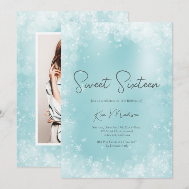 Invitation Festive glace bleue blanche neige élégante chic do (Devant / Derrière)