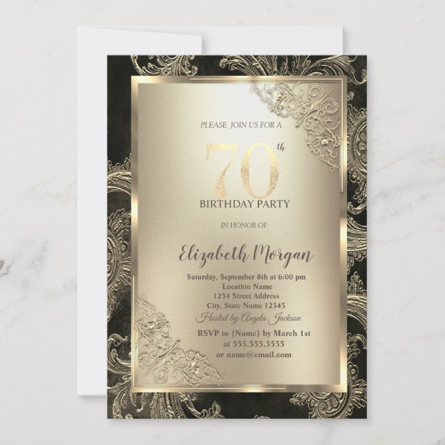 Invitation Festive Gold Frame,Floral Damask 70th Birthday  (Devant)