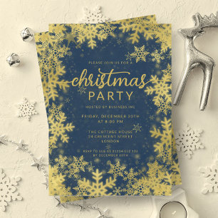 Invitation Festive Gold Navy Foil Snowflakes Noël
