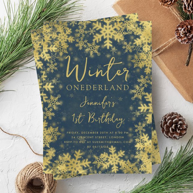 Invitation Festive Gold Navy Hiver ONÉDORELANDE 1er anniversa (Festive Gold Navy Winter ONEDERLAND 1st Birthday Invitation)