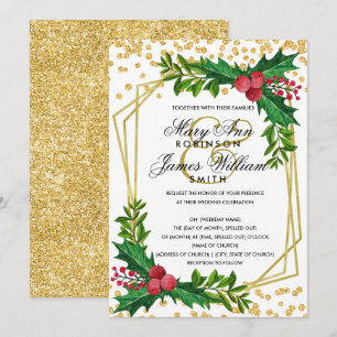 Invitation Festive Gold Noël Mariage Holly White