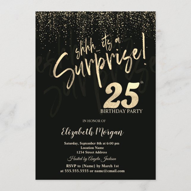 Invitation Festive Gold Surprise 25th Birthday Party (Devant)
