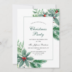 Invitation Festive Holly Berry Branch Fête de Noël