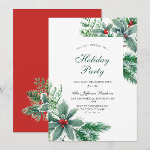 Invitation Festive Holly Berry Branch Fête de Noël