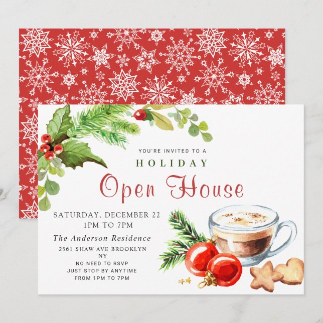 Invitation Festive Holly Berry Christmas Holiday Open House (Devant / Derrière)