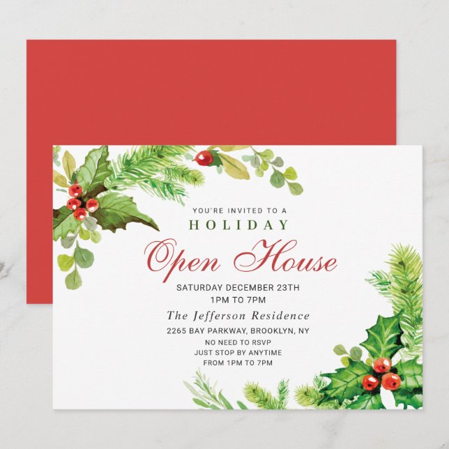 Invitation Festive Holly Berry Christmas Holiday Open House (Devant / Derrière)