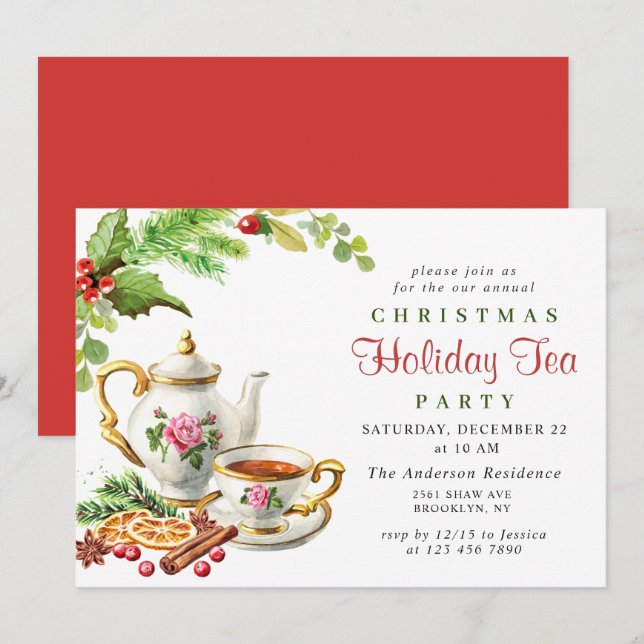 Invitation Festive Holly Berry Noël Fête Tea Party (Devant / Derrière)