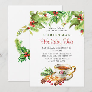 Invitation Festive Holly Berry Noël Fête Tea Party