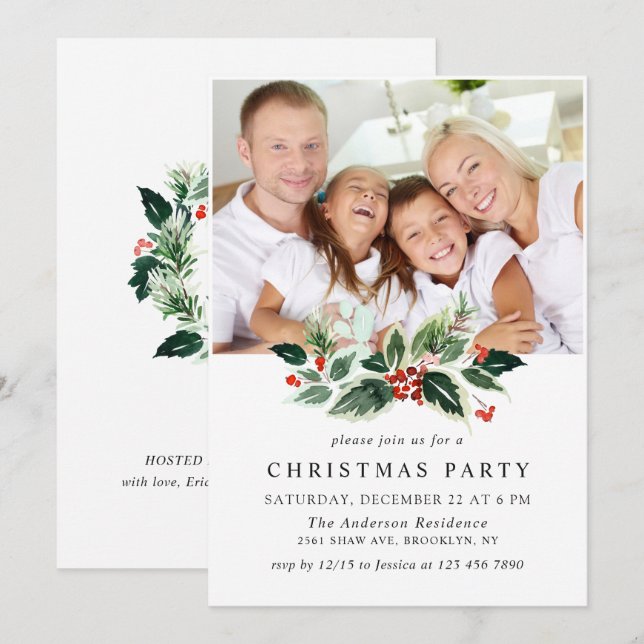 Invitation Festive Holly Berry PHOTO Fête de Noël (Devant / Derrière)