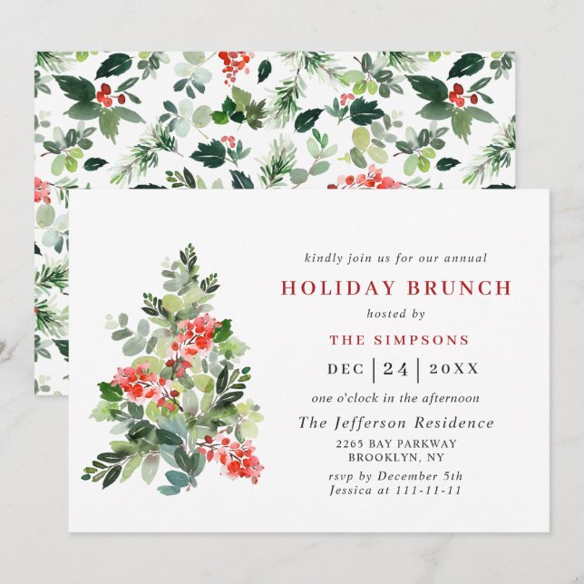 Invitation Festive Holly Berry Tree VACANCES BRUNCH NOËL (Devant / Derrière)