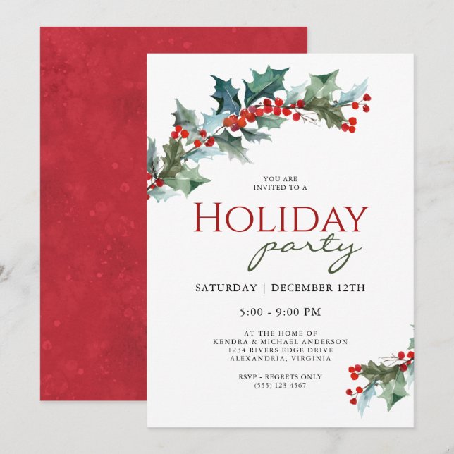 Invitation Festive Holly Botanique Fête (Devant / Derrière)