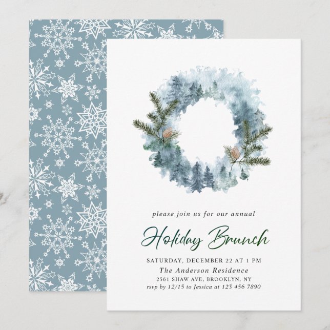 Invitation Festive Holly Wreath Christmas Holiday Brunch (Devant / Derrière)