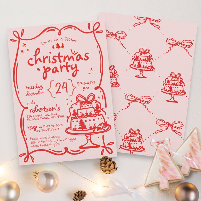 Invitation Festive Main tirée rouge et rose Bow fête de Noël (Créateur téléchargé)