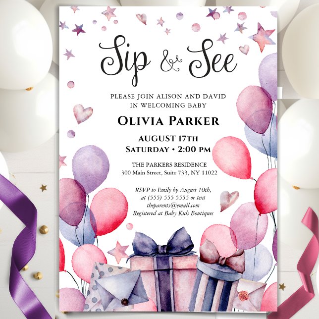 Invitation Festive Pink Blue Balloon Bienvenue bébé SIP ET VO (Créateur téléchargé)