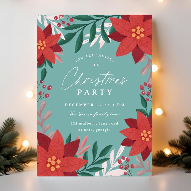 Invitation Festive Poinsettia Fleurs de Noël (red and blue illustrated Christmas party invitation with florals and botanicals)