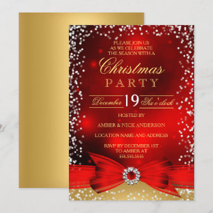 Invitation Festive Red Gold Bow Christmas Party