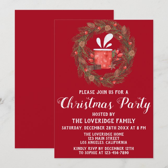 Invitation Festive Red & Green Wreath Fête de Noël (Devant / Derrière)