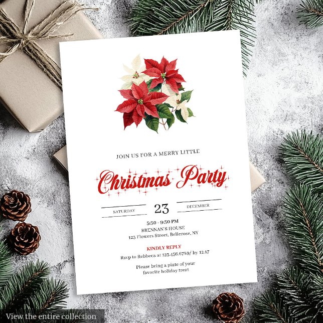 Invitation Festive Red Poinsettia Floral Script Font Xmas (Festive Red Poinsettia Floral Script Font Christmas Invitation)