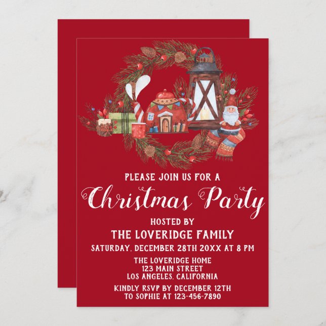 Invitation Festive Rouge & Vert Cosy Fête de Noël (Devant / Derrière)