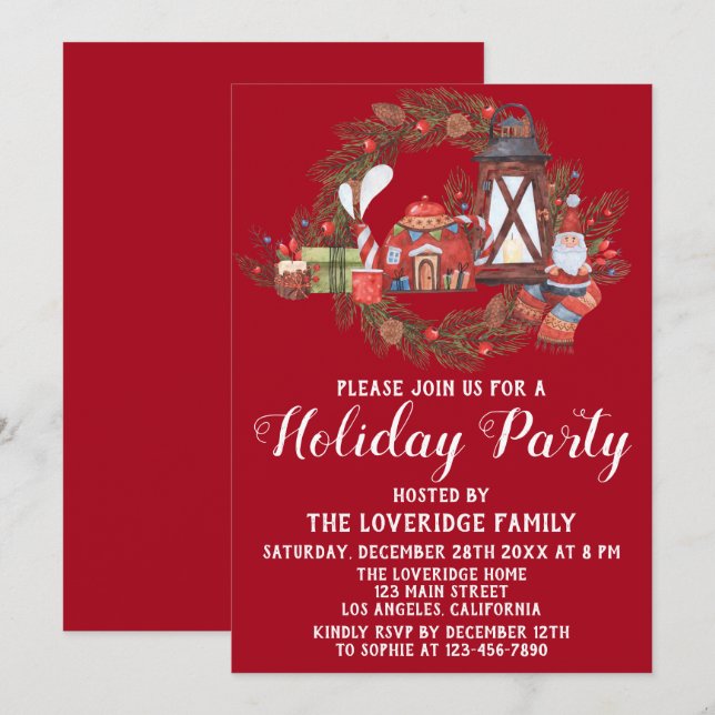 Invitation Festive Rouge & Vert Noël Scène Fête Fête (Devant / Derrière)