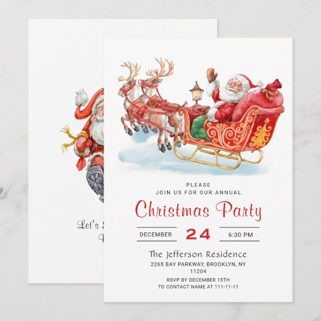 Invitation Festive Santa Claus Sleigh Fête de Noël (Devant / Derrière)