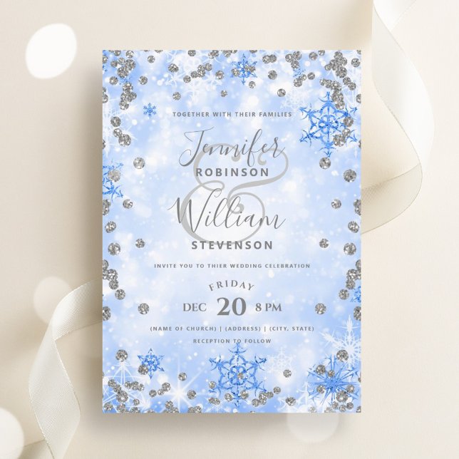 Invitation Festive Silver Blue Glam Élégant Mariage d'hiver (Festive Silver Blue Glam Elegant Winter Wedding Invitation)