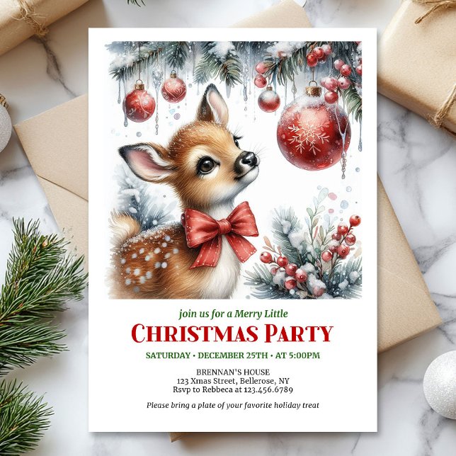 Invitation Festive snowy forest baby deer Christmas invite  (Festive snowy forest baby deer Christmas invite editable)