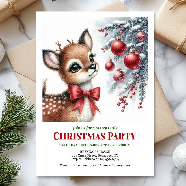 Invitation Festive snowy forest baby deer Christmas invites (Festive snowy forest baby deer Christmas invitation printable)