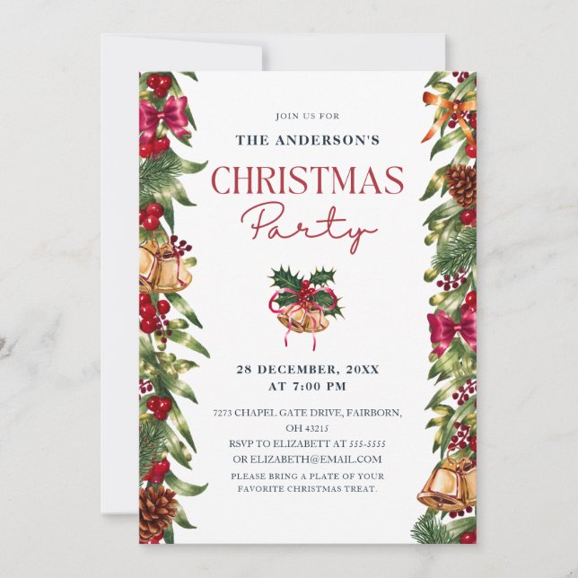 Invitation Festive Watercolor Pines Berries Christmas Party (Devant)