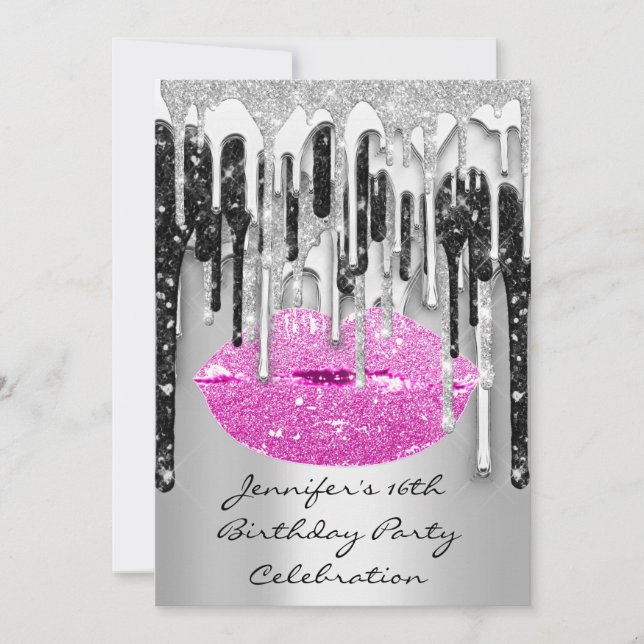 Invitation Fête 16e Red Lips Kiss noir rose Parties scintilla (Devant)