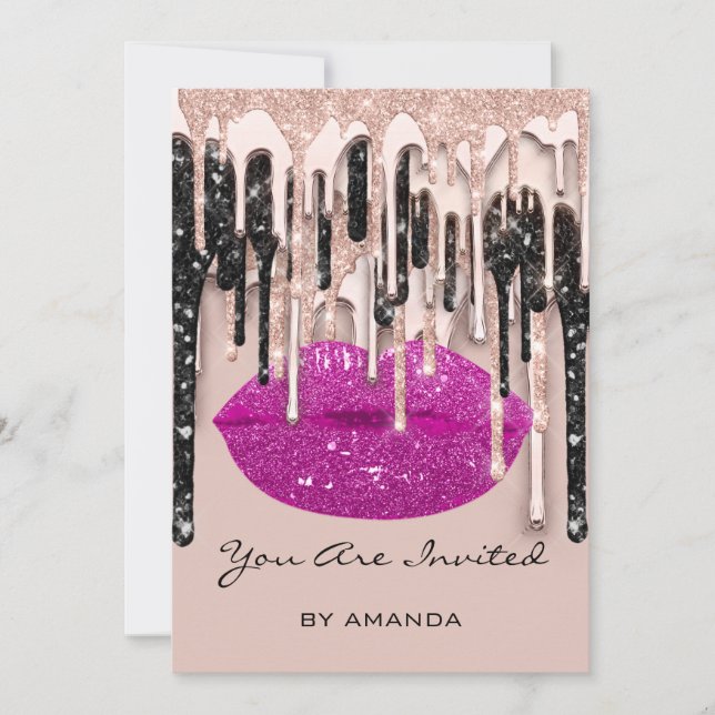 Invitation Fête 16ème Rouge Baiser Lèvres Rose Paillettes Gou (Devant)