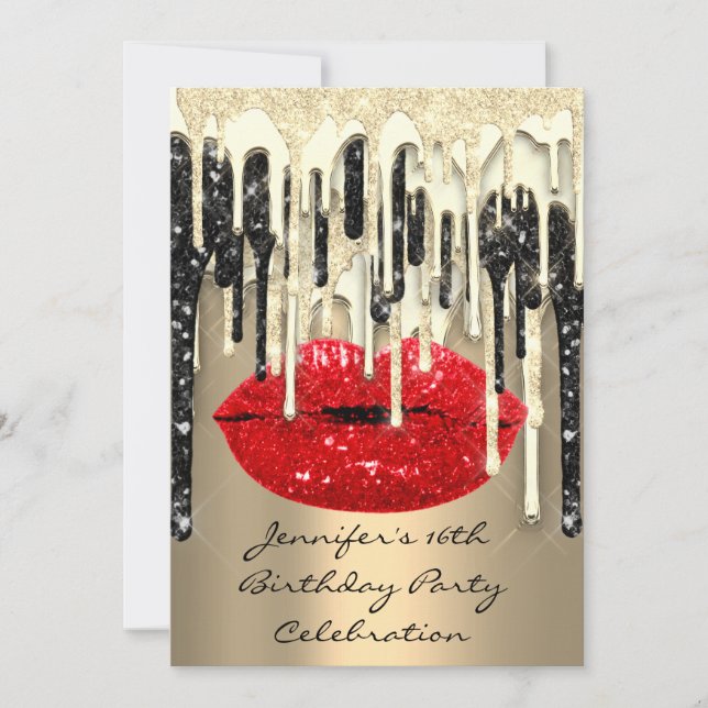 Invitation Fête 16th Lips Kiss Black Red Parties scintillant  (Devant)