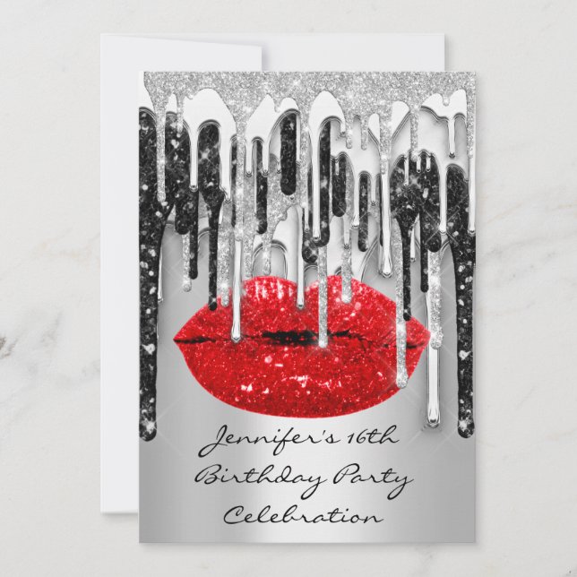 Invitation Fête 16th Lips Kiss Black Red Parties scintillant  (Devant)