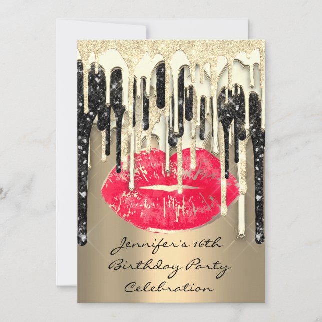 Invitation Fête 16th Lips Kiss Black Red Parties scintillant  (Devant)