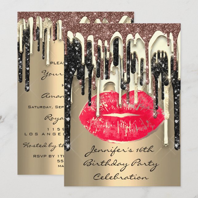 Invitation Fête 16th Lips Kiss Brown Red Parties scintillant  (Devant / Derrière)
