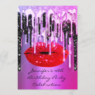 Invitation Fête 16th Lips Kiss noir rose Parties scintillant 