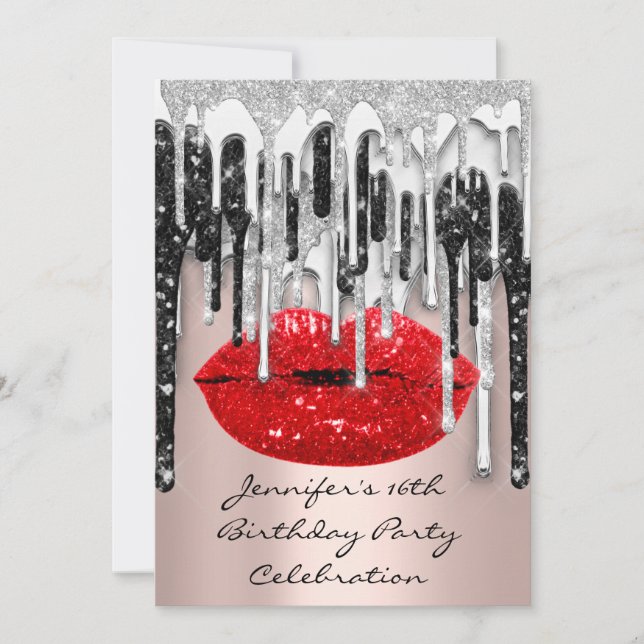 Invitation Fête 16th Lips Kiss Rose Red Parties scintillant D (Devant)