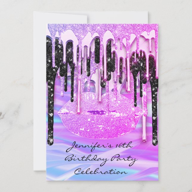 Invitation Fête 16th Lips rose Kiss Girly FEMMES Drips (Devant)