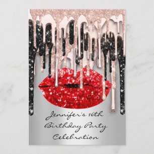 Invitation Fête 16th Red Lips Kiss Rose Parties scintillant D