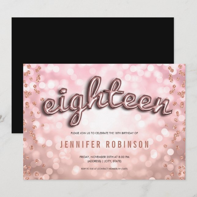 Invitation Fête 18 Ans Ballons Rose Gold Pailletés (Devant / Derrière)