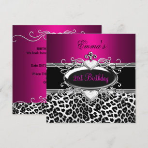 Invitation Fête 21e argent rose noir blanc léopard