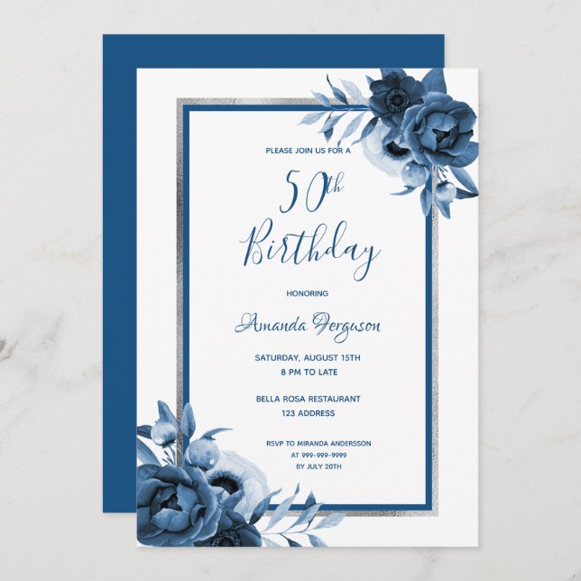 Invitation Fête 50e anniversaire bleu floraux blanc argent (Devant / Derrière)