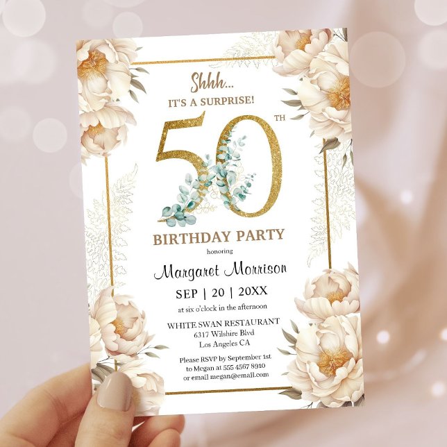 Invitation Fête 50e Anniversaire Elégant Peony Blanc Floral (Créateur téléchargé)